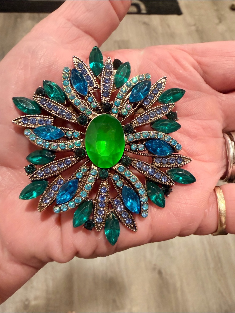 Green and Teal Crystal Flower Statement Brooch